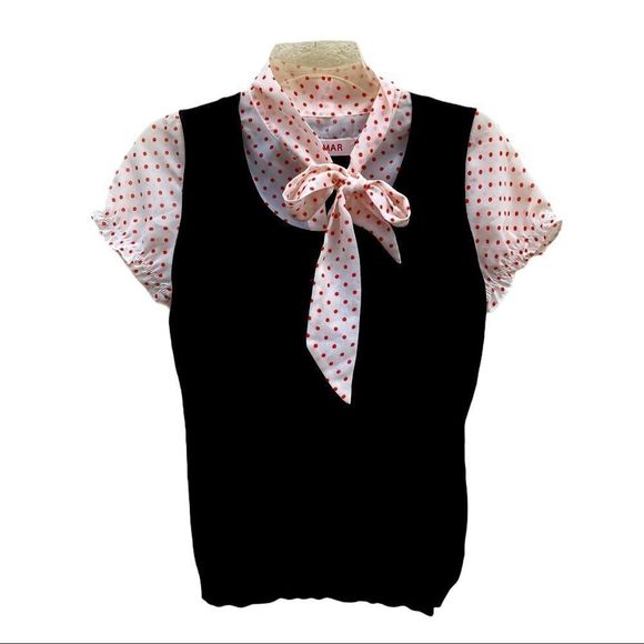 Cumar Italy Fine Black Knit Polka Dot PussyBow top - Picture 1 of 8